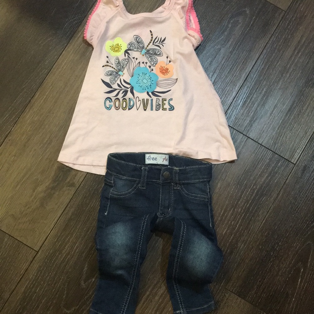 Freestyle 2 piece size 2T top and bottom pink butterfly top and jeans